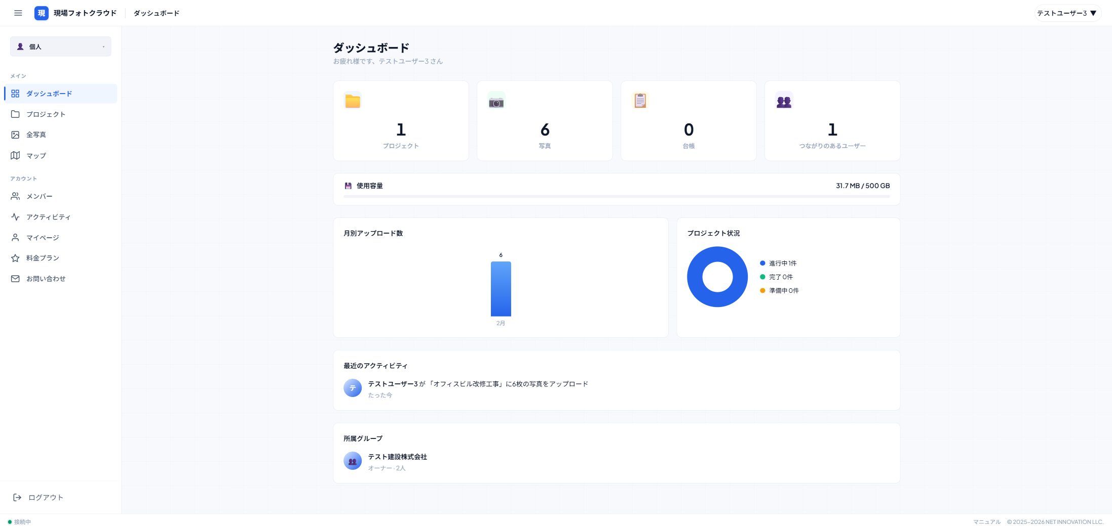 現場フォトクラウド ダッシュボード画面